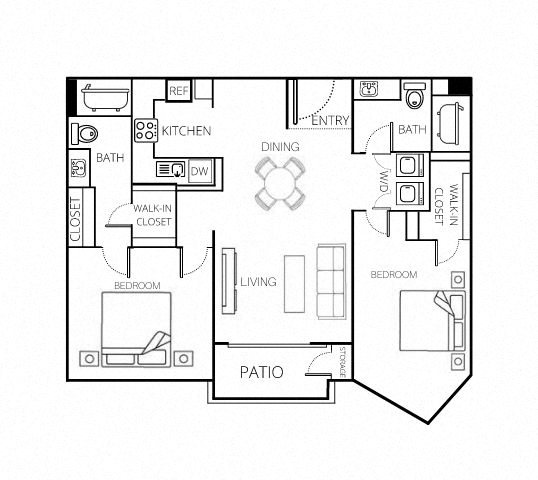 Floor plan for 2 beds, 2 baths, 1123 sqft